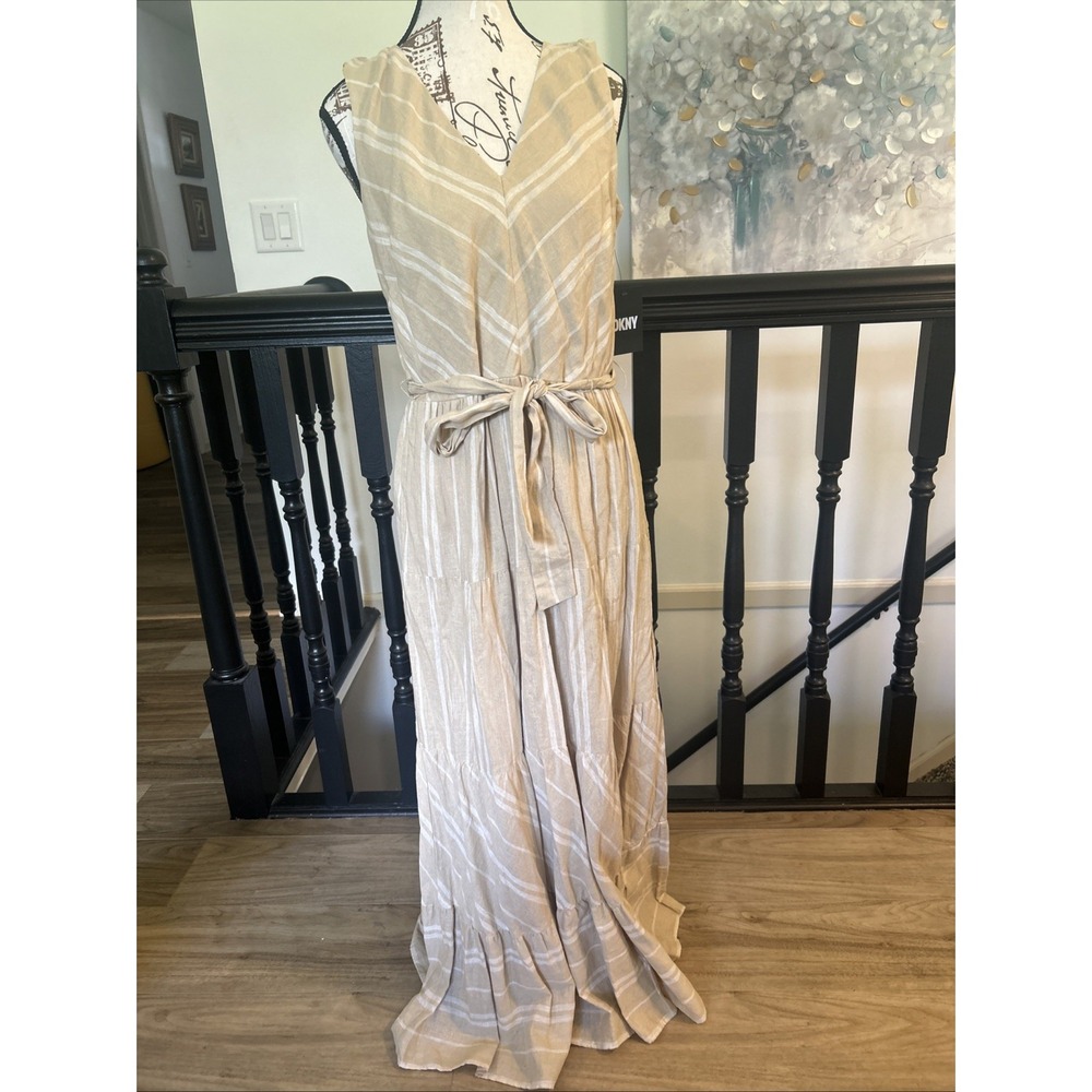 DKNY Beige and White Striped Maxi Dress